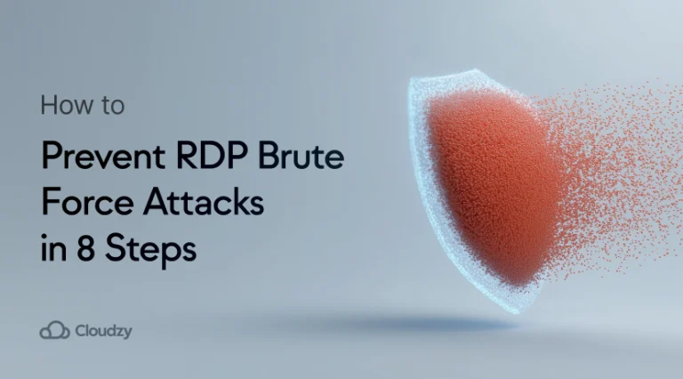 Et funktionsbillede, der viser et glødende digitalt skjold, der afviser en rød datastorm, og illustrerer, hvordan man forhindrer RDP brute force-angreb.