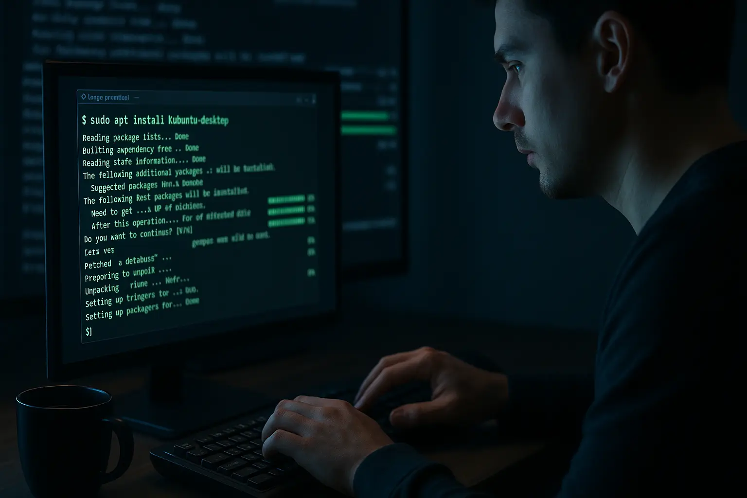 Best KDE Plasma Theme Options in 2025 10 A holographic computer screen displays the green command "sudo apt install kubuntu-desktop," with a person typing on a keyboard in the foreground.