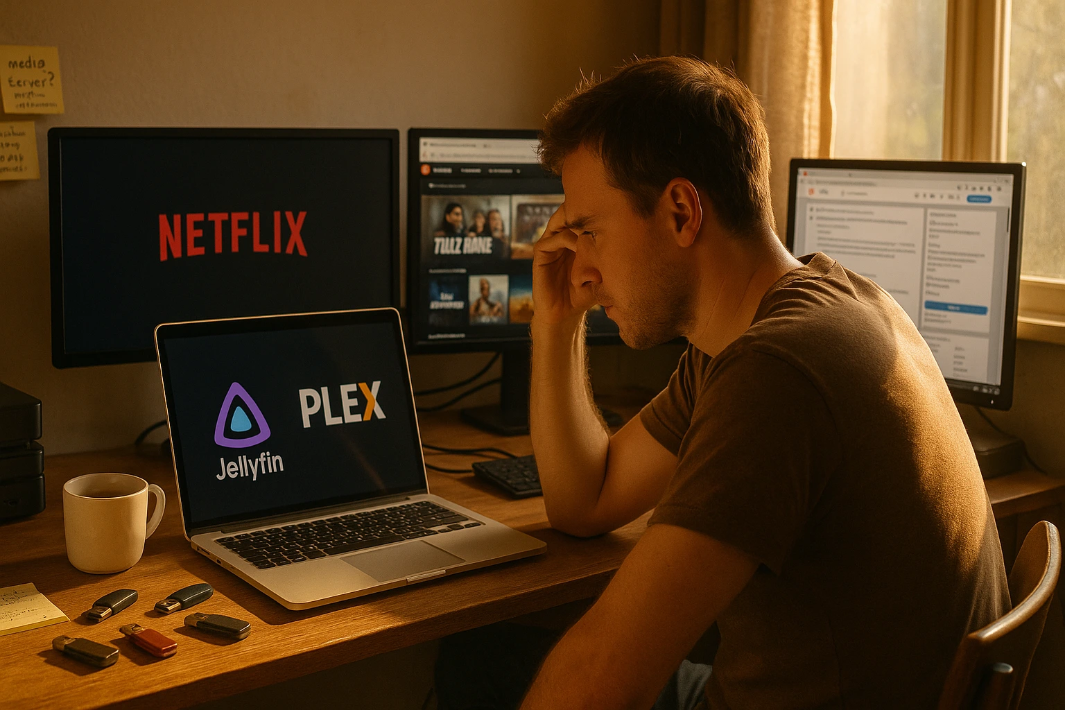 Person sitting at cluttered desk with multiple monitors displaying streaming services, surrounded by scattered USB drives and external hard drives in warm afternoon sunlight, laptop showing Jellyfin and Plex logos.