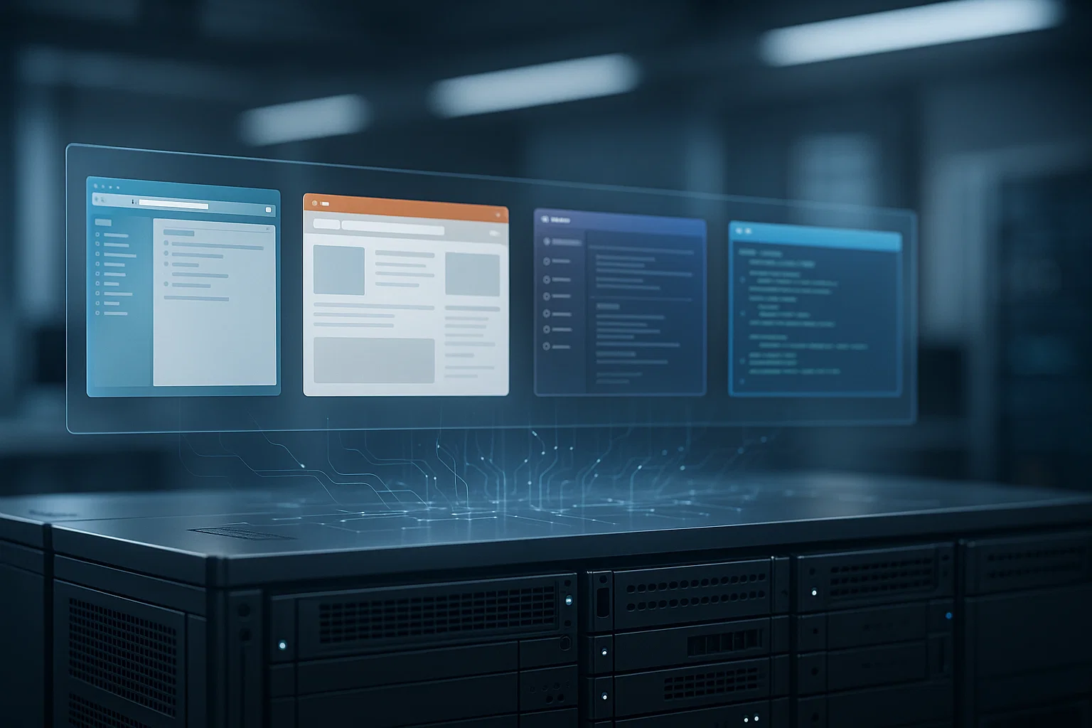 1 2 1 Physical server with four colored holographic OS windows floating above and circuit board patterns emerging, symbolizing multi-tenant virtualization.