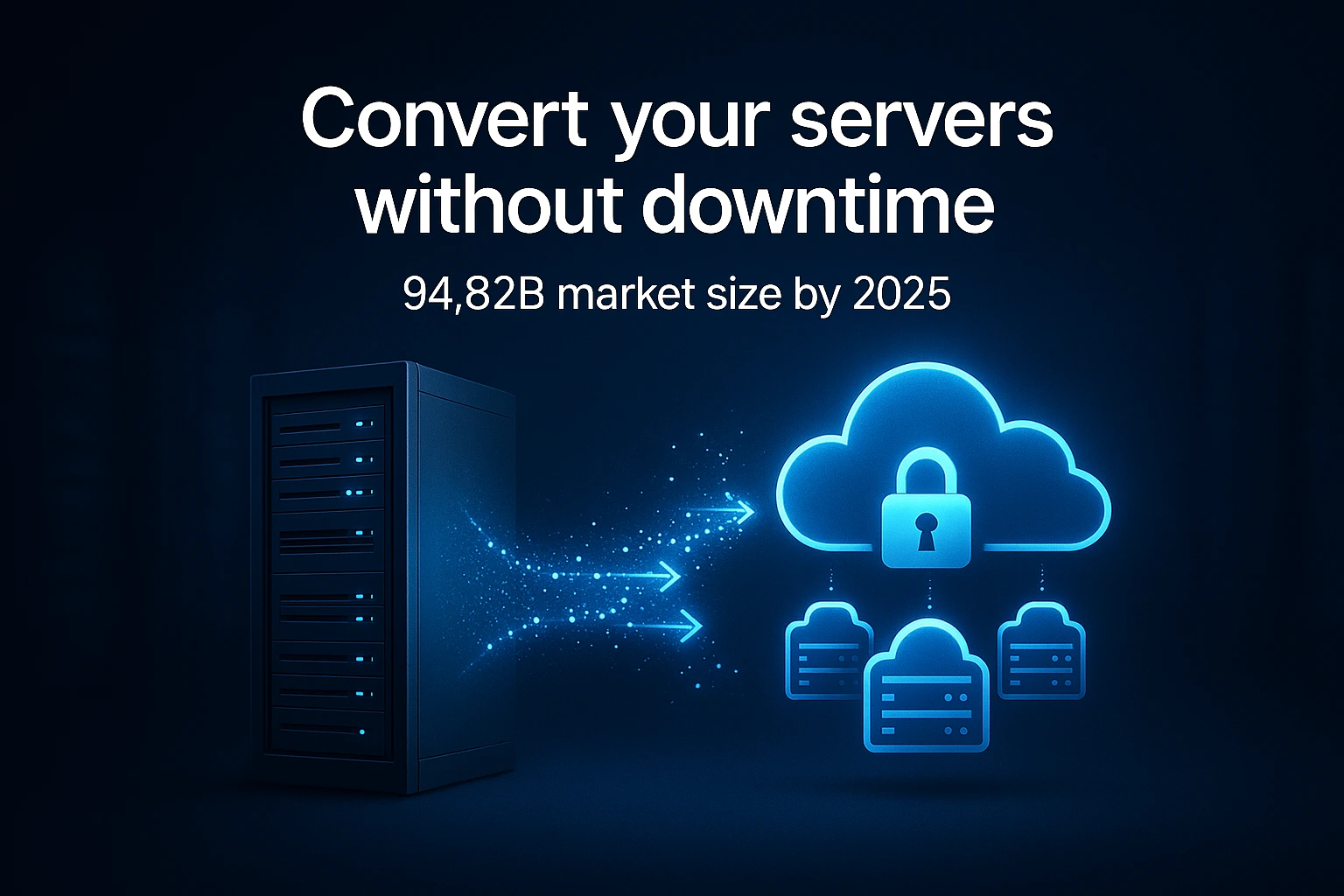 Server tower transforms via glowing cyan data stream into ascending cloud infrastructure with security in a dark Background.