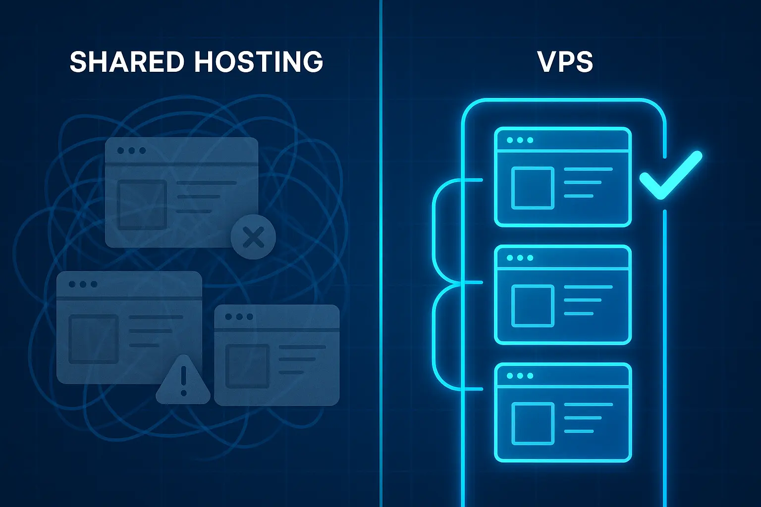 Shared hosting congestion with tangled connections on the left versus isolated VPS partitions with dedicated resources and green checkmarks on the right.