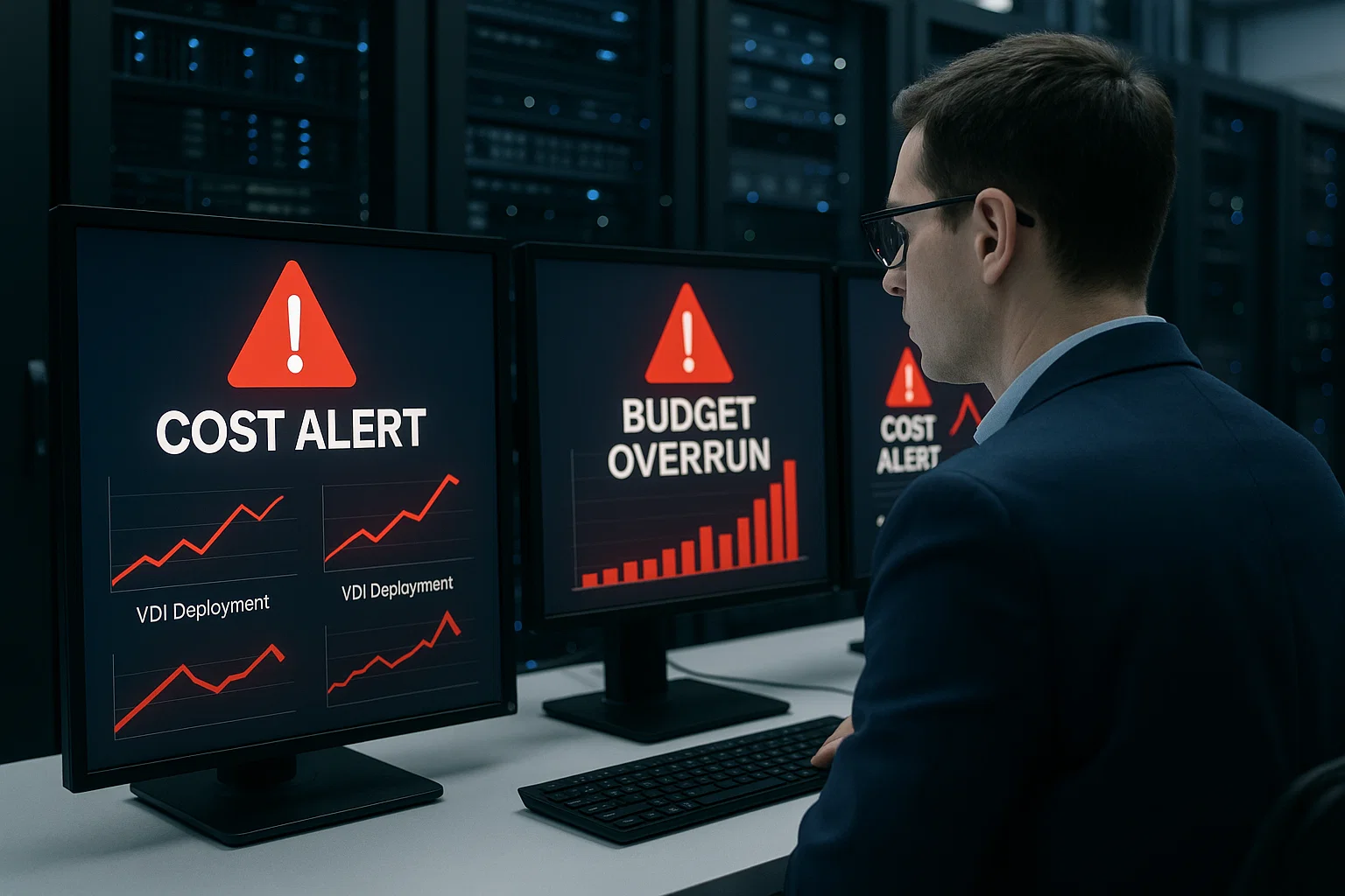 An IT manager reviews rising cost alerts on multiple screens in a modern server room. Red warning indicators show budget overruns from incorrect VDI deployment choices.