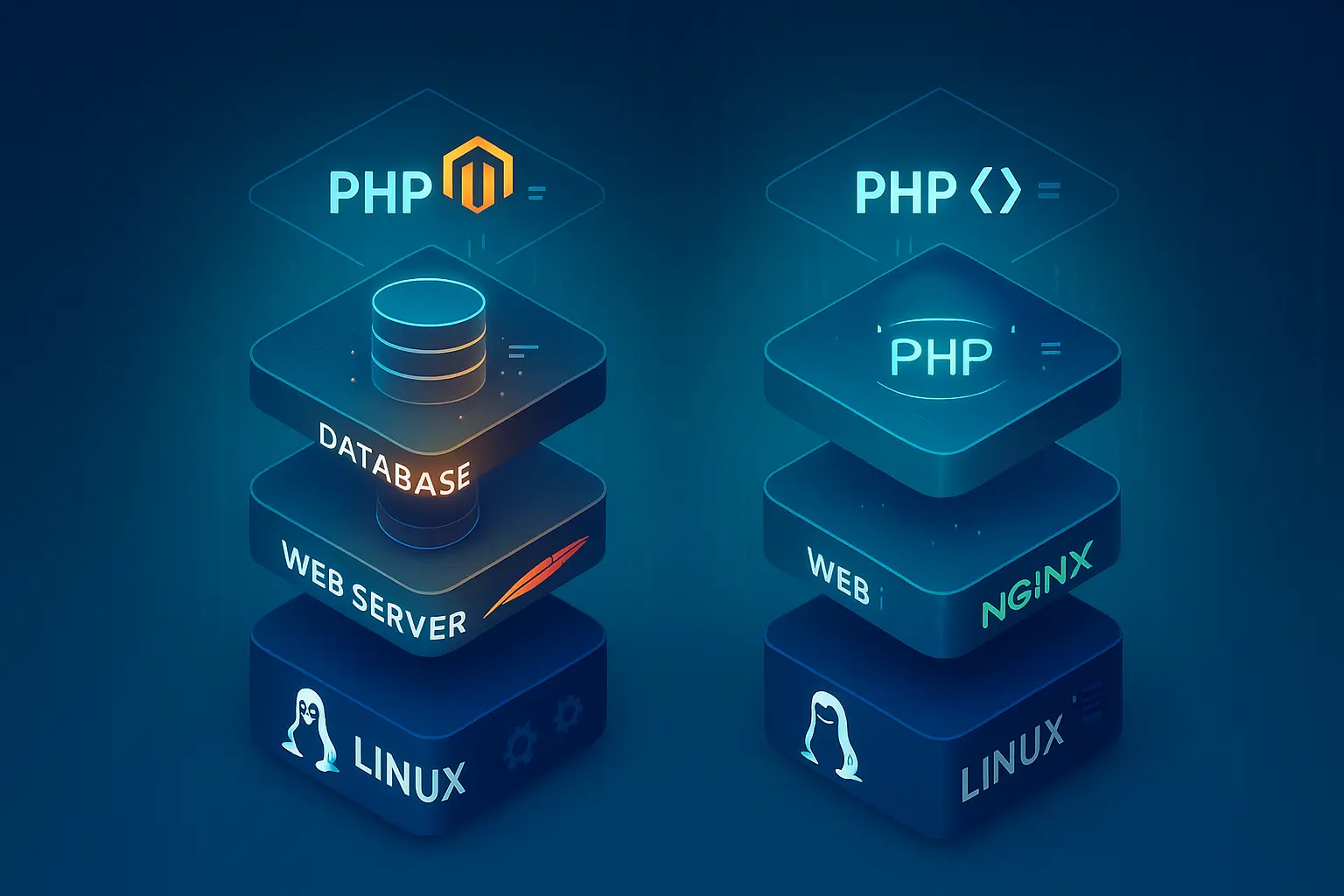 Vertical LEMP stack visualization showing Linux (bottom), Nginx web server, MySQL database, PHP, and Magento layers stacked with glowing data flow connections between each component.