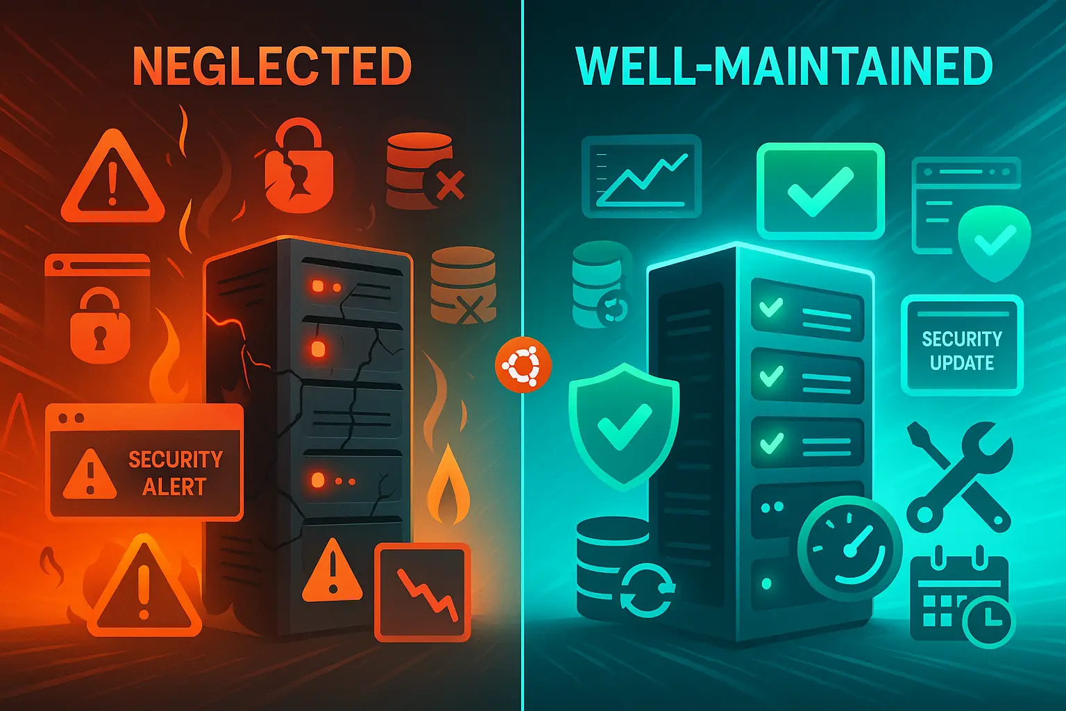 Neglected server with security alerts, broken locks, and performance decline (left) versus well-maintained system with active updates, security shields, and monitoring tools (right).