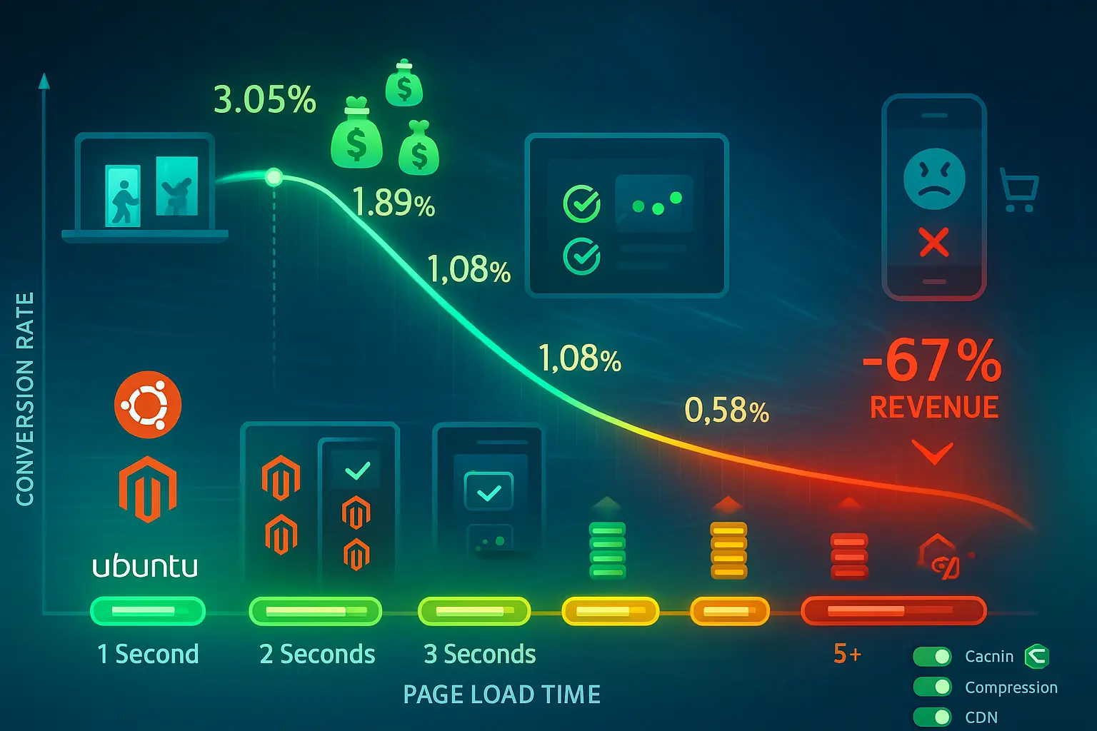 Conversion rates declining from 3.05% at one-second page loads to 0.58% at five seconds, showing 67% revenue loss with slow performance and optimization impact.