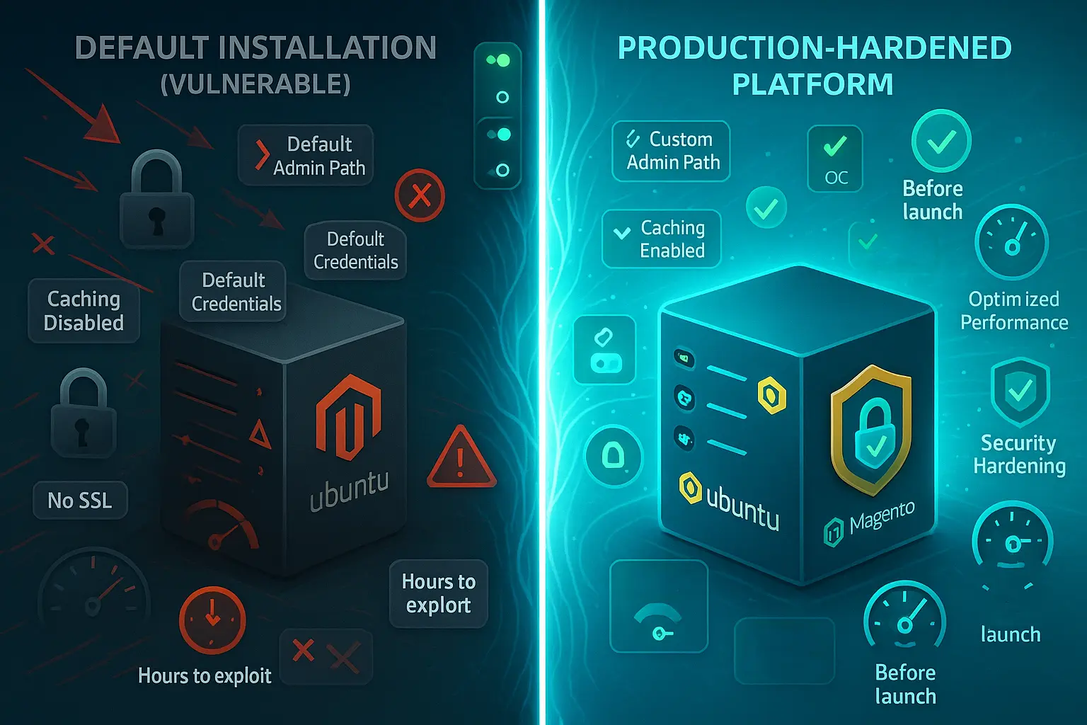 Vulnerable default Magento with disabled caching and default credentials (left) versus production-hardened platform with custom admin path, enabled caching, and security layers (right).