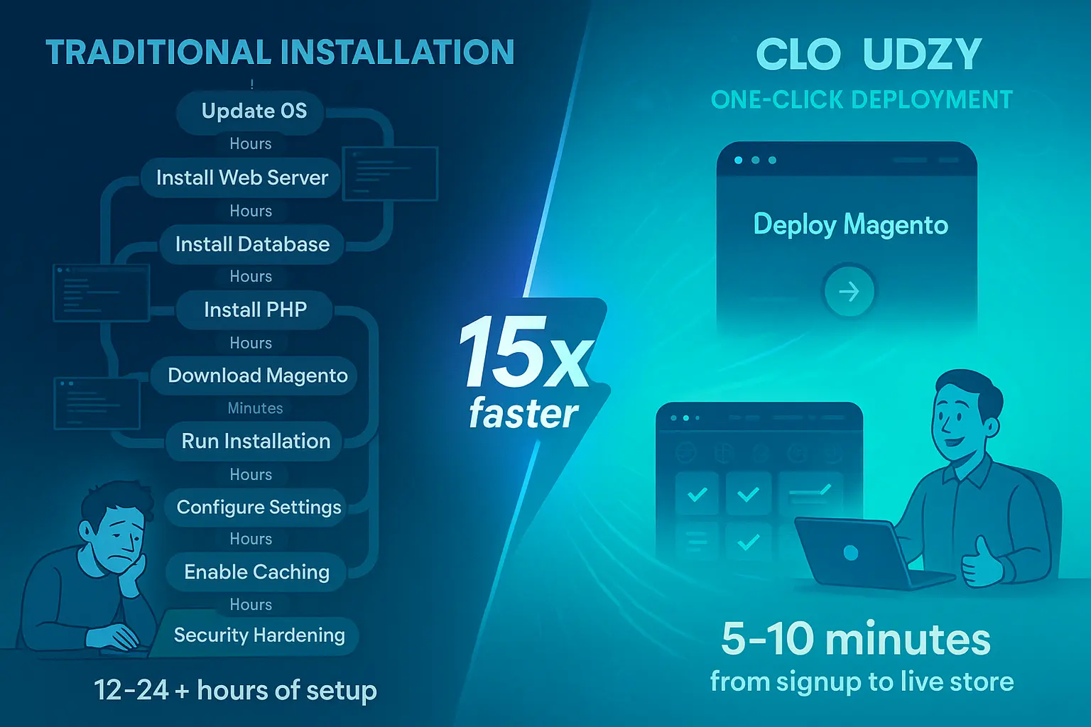 Multi-step manual installation taking 12-24 hours (left) versus Cloudzy one-click deployment completing in 5-10 minutes (right), showing 15x faster speed comparison.