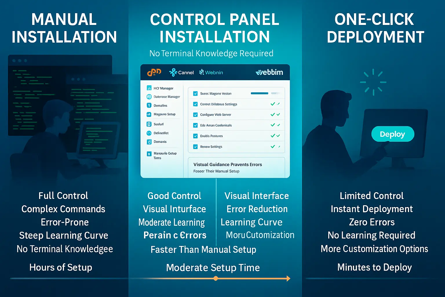 Three Magento installation methods compared: manual terminal setup (left), control panel dashboard with checkboxes (center), and one-click deploy button (right), with setup time progression arrow below.