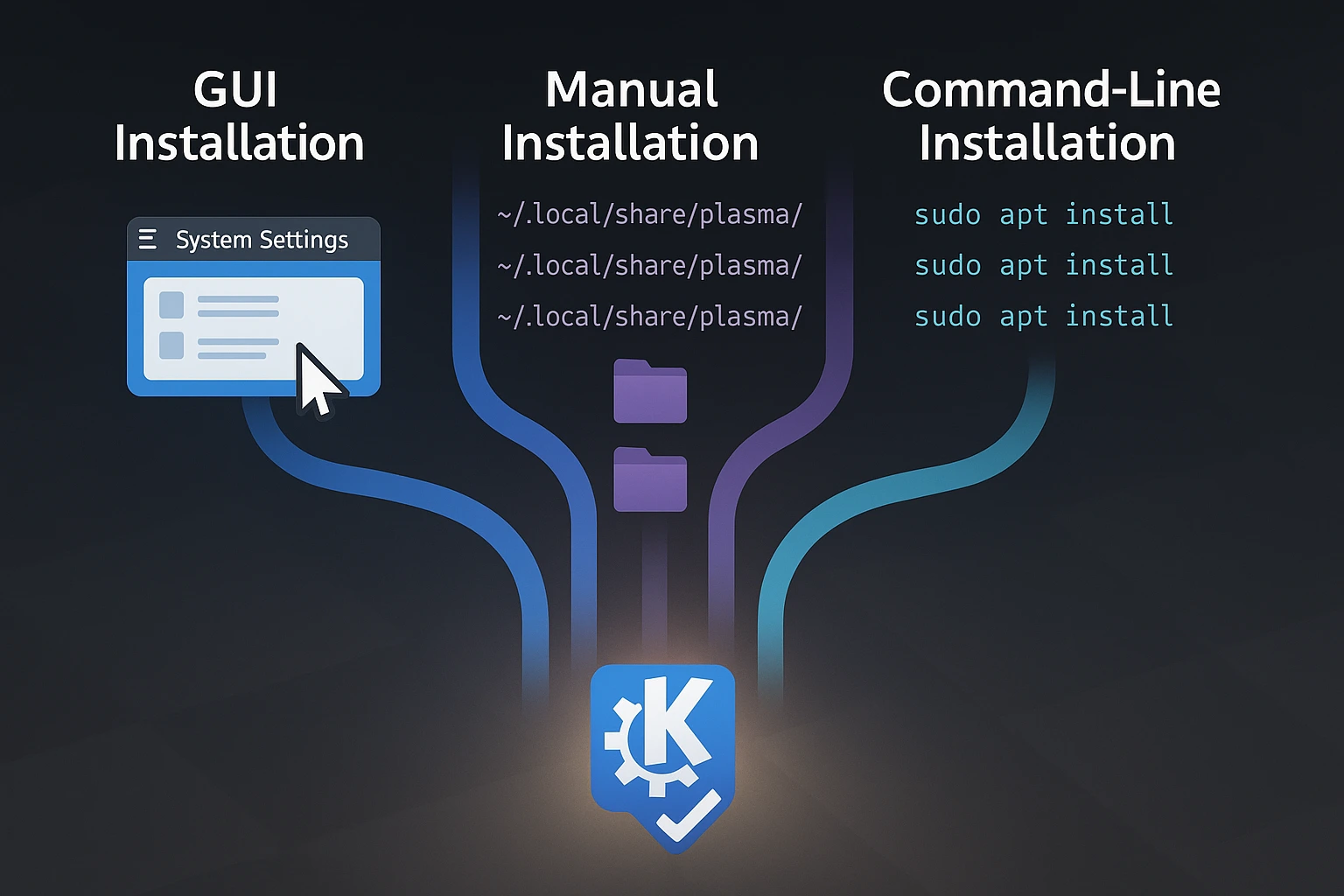 Best KDE Plasma Theme Options in 2025 12 Diagram showing three KDE Plasma installation paths: GUI via System Settings, manual via ~/.local/share/plasma/ folder, and command-line with sudo apt install, leading to the KDE logo.