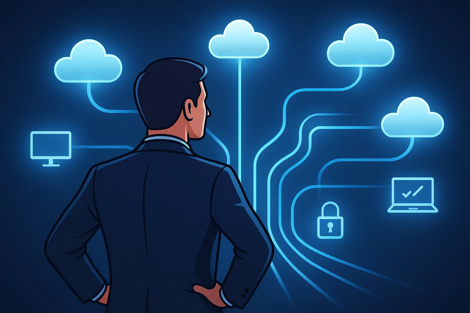 7 Best Citrix Alternatives for 2025: Cost & Feature Comparison Guide 15 A professional examines multiple digital paths leading to cloud solutions. Glowing icons show different options. Represents smart decision-making when choosing remote access tools.