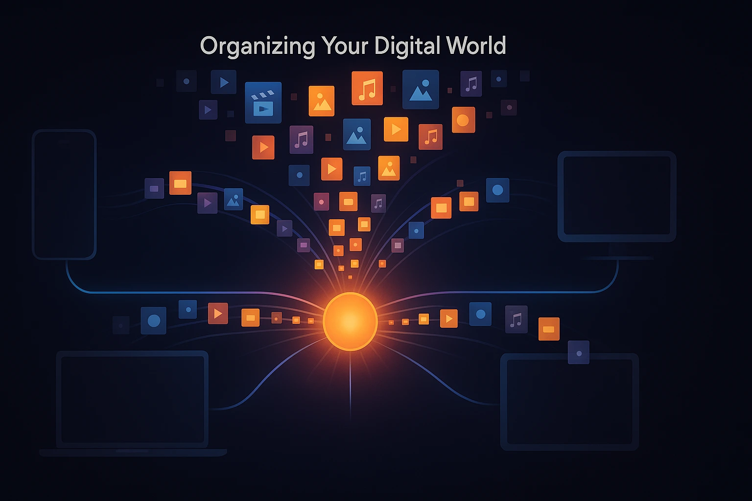 Central glowing hub connected by flowing light streams to smartphones, laptops, TVs, and tablets arranged in a circle, with movie and music content flowing outward on a dark background with geometric shapes.