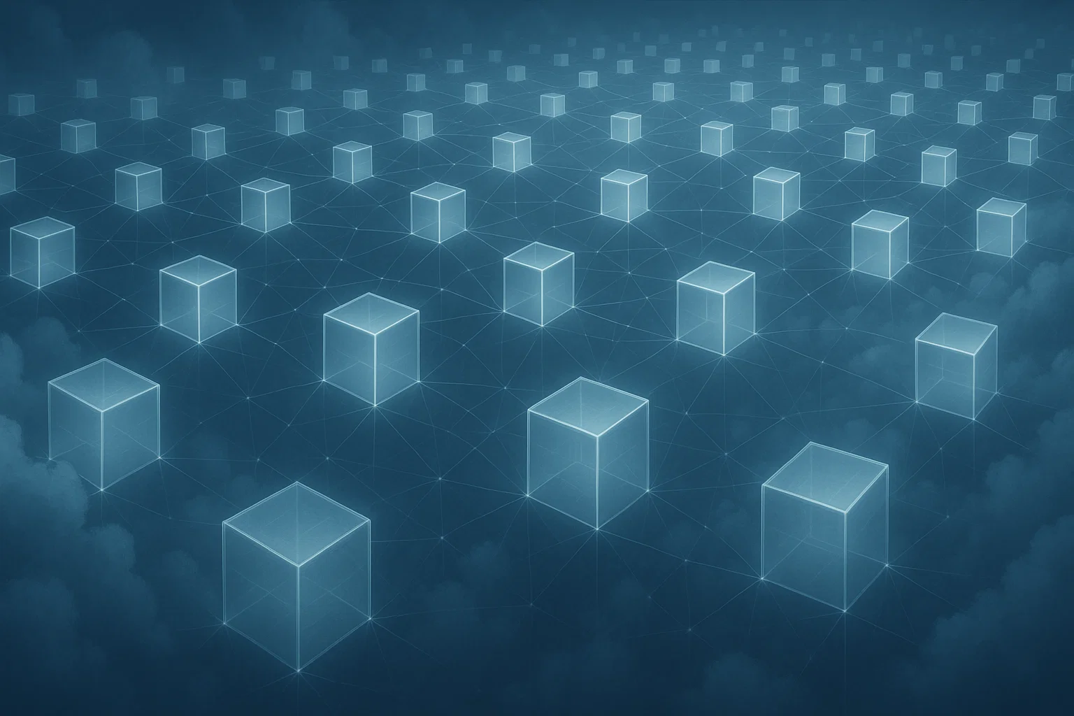 2 2 1 Infinite grid of transparent networked VM cubes connected by lines, representing a distributed, scalable cloud infrastructure and server instances.