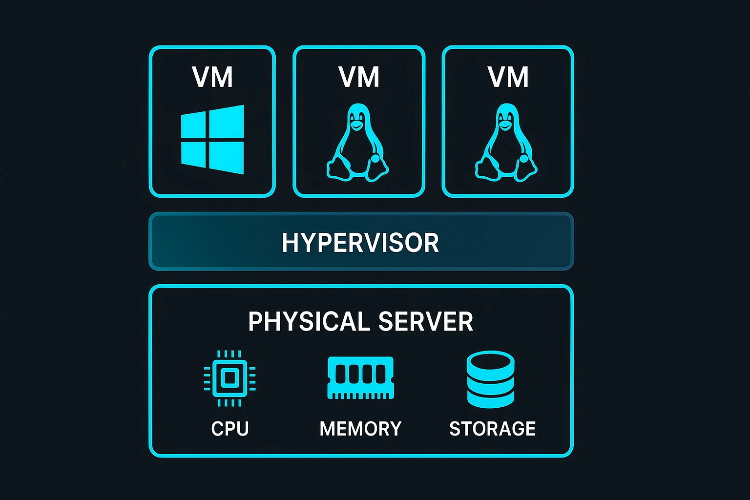 Three separate virtual machines stacked on a hypervisor layer above physical hardware components, showing an Educational "layer cake" vertical stack