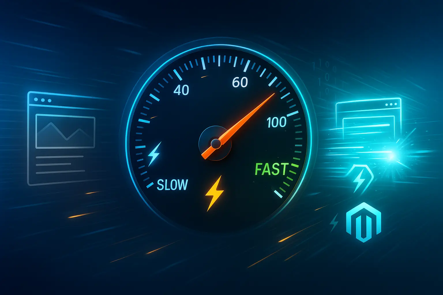 Speedometer gauge with lightning bolt icons and velocity lines showing fast page load performance optimization