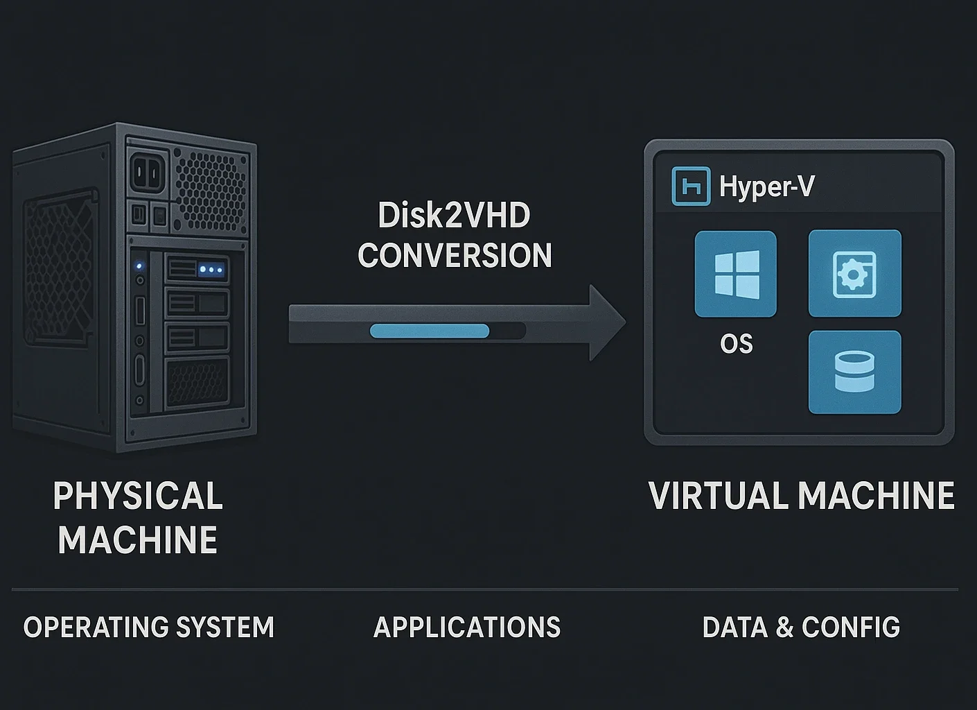 Physical server connected via glowing cyan Disk2VHD arrow to virtual machine, showing preserved OS/applications/data