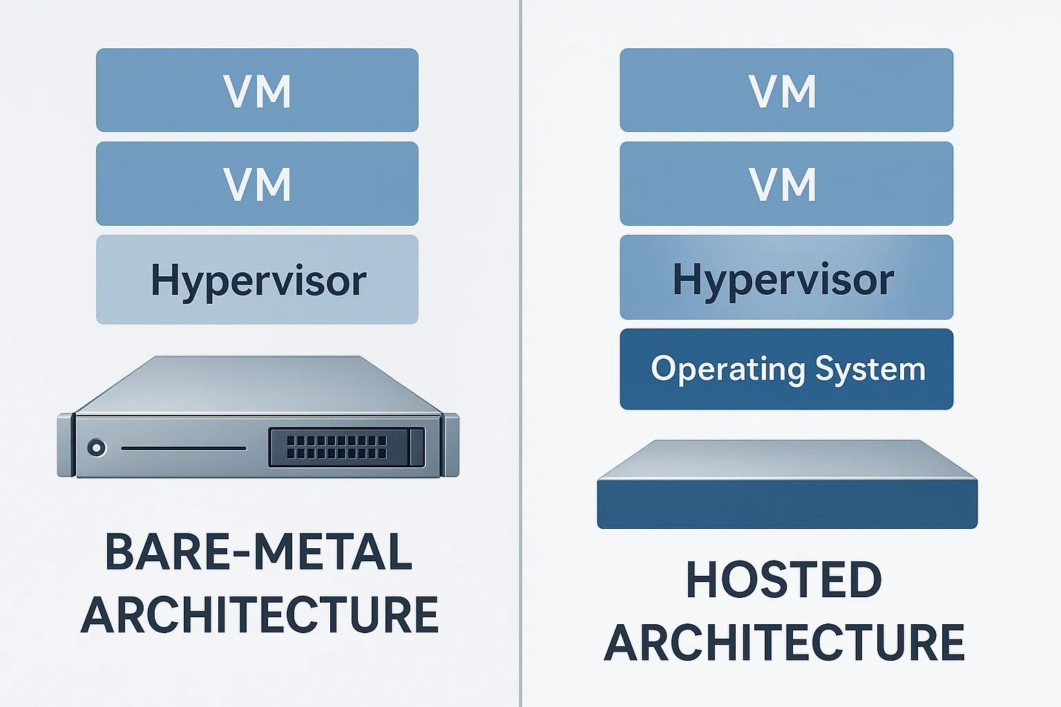 3 2 1 Split-screen diagram comparing bare-metal hypervisor directly on hardware versus hosted hypervisor above operating system with clear architectural labels.
