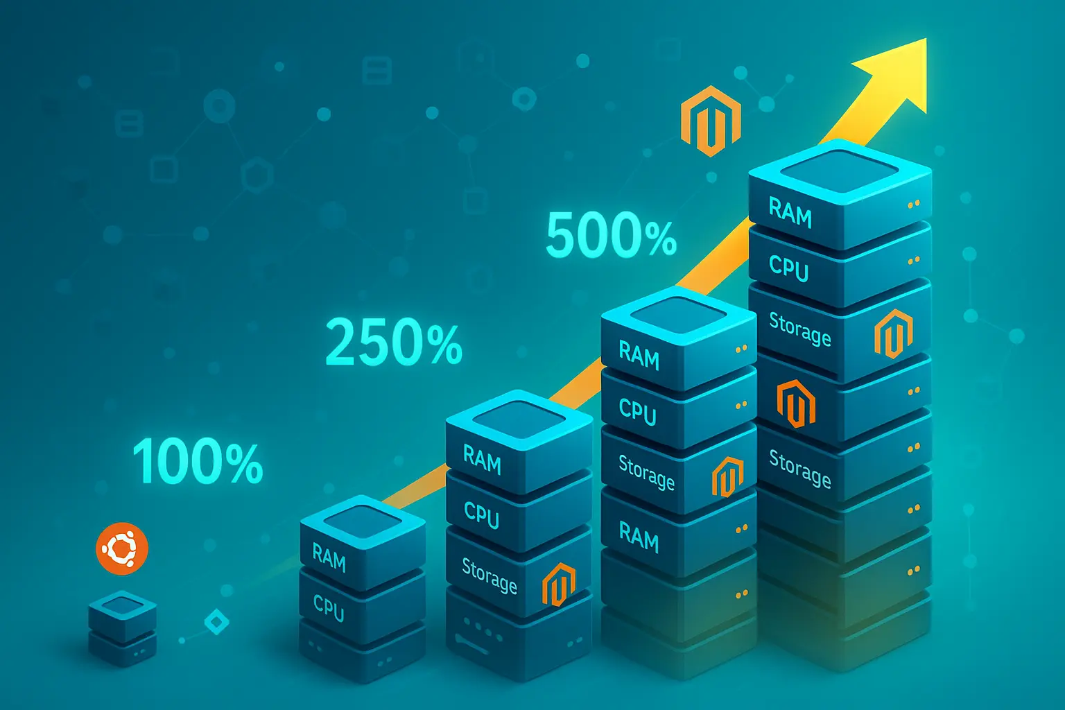 Ascending server stack with growth arrows and capacity metrics showing scalable VPS infrastructure expansion