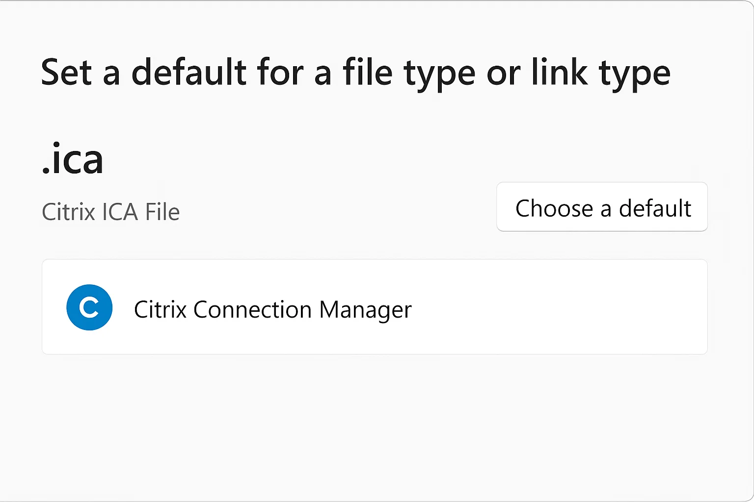 Windows file association settings showing the .ica file type with Citrix Connection Manager selected as the default application to open ICA files, with a blue Citrix icon visible.