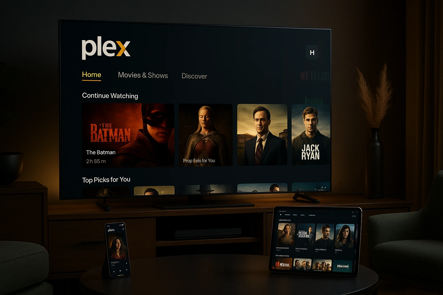 Sleek modern living room with large TV prominently displaying Plex logo and polished interface, accompanied by smartphone and tablet showing synchronized streaming, with premium furniture and subtle metallic lighting.