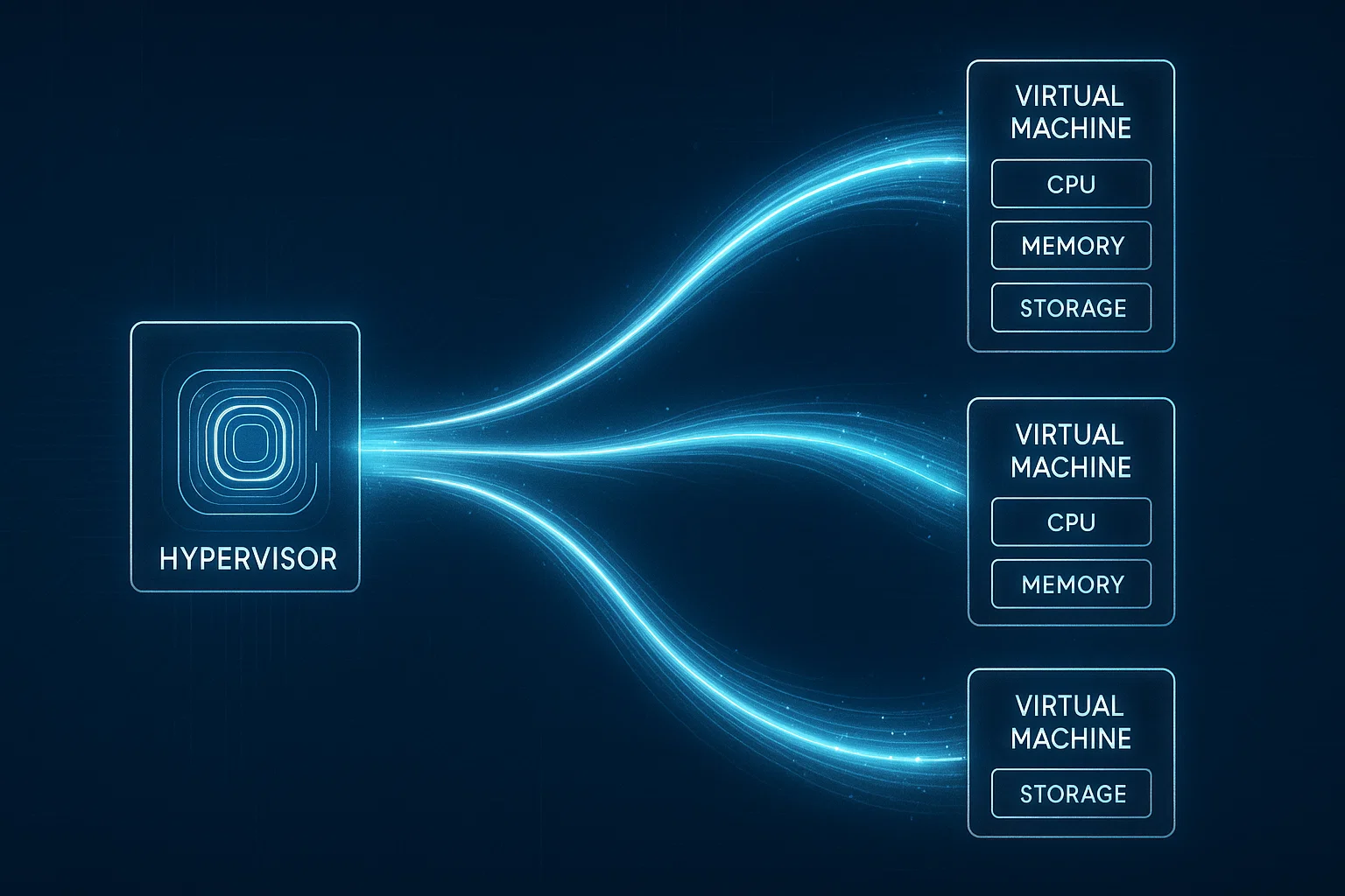 4 2 1 Central hypervisor core distributing glowing blue resource streams to three virtual machines, each displaying allocated CPU, memory, and storage.