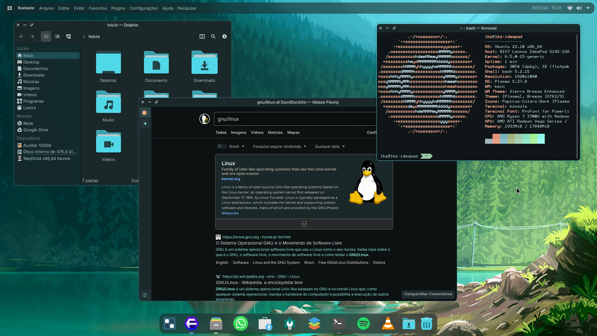 Best KDE Plasma Theme Options in 2025 14 KDE Plasma desktop screenshot showing Dolphin file manager with folders, a terminal displaying system info, and a DuckDuckGo browser tab on GNU/Linux with a scenic lake wallpaper.