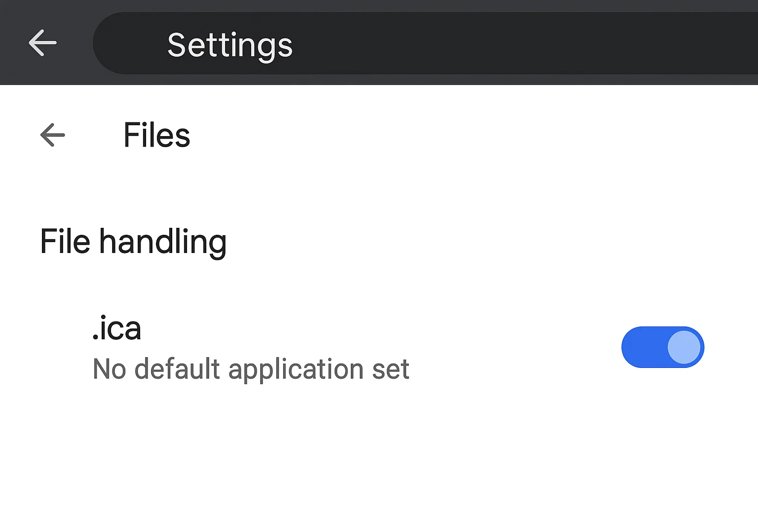Mobile device file handling settings screen showing the .ica file type with the "no default application set" message and the blue toggle switch enabled for automatic file handling.