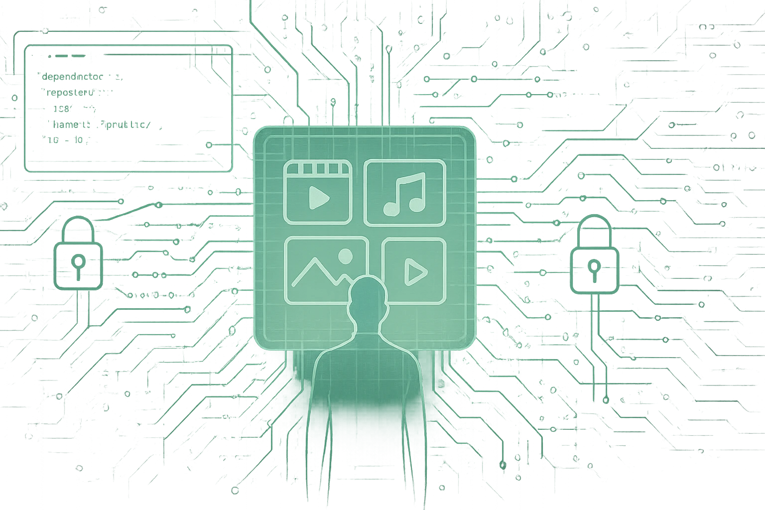 Transparent, code-filled digital architecture with central figure surrounded by personal media collection, privacy locks and shields integrated throughout, decentralized data streams flowing in organic patterns on blue and green background.