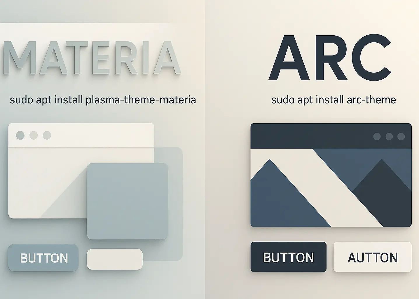 Best KDE Plasma Theme Options in 2025 16 Side-by-side illustration of Materia (light blue UI) and Arc (dark blue UI) KDE Plasma themes, with their names, sudo apt install commands, and sample windows and buttons.