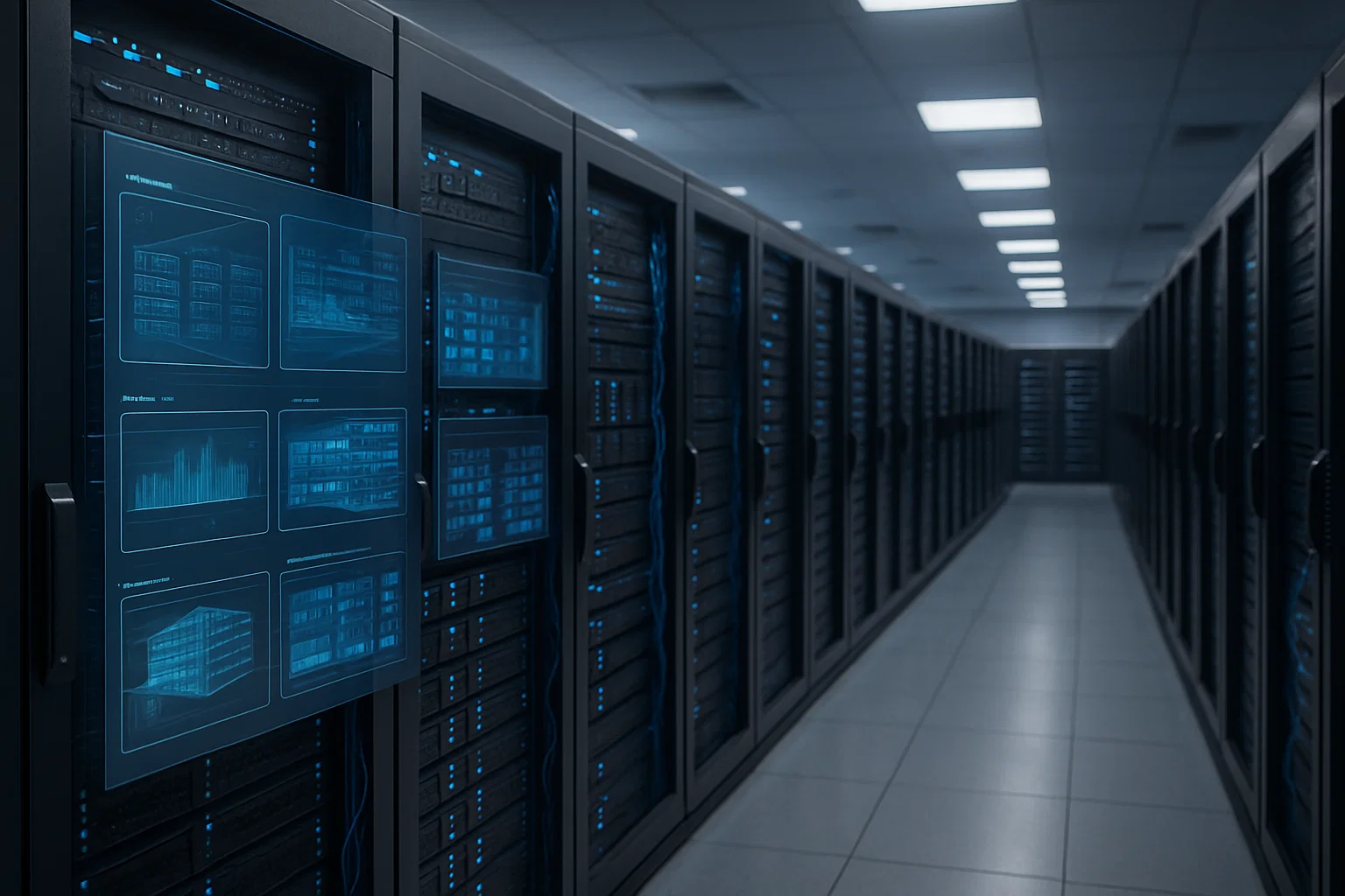 5 2 1 Enterprise data center corridor with server racks displaying holographic performance dashboards showing metrics, infrastructure monitoring, and resource management displays.
