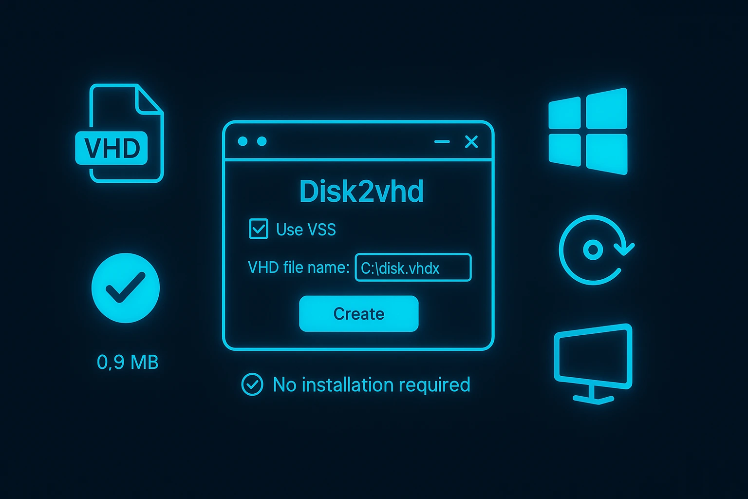 Disk2VHD application window with floating VHD/VHDX formats, Windows logo, Hyper-V icon, and 0.9MB no-installation label with checkmark