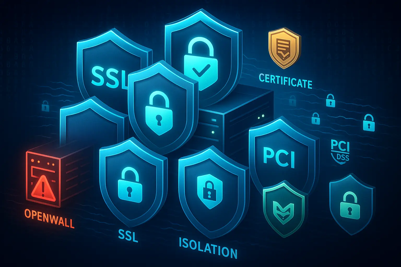 Multi-layered security shields protecting the central server with padlocks, certificates, and encryption symbols