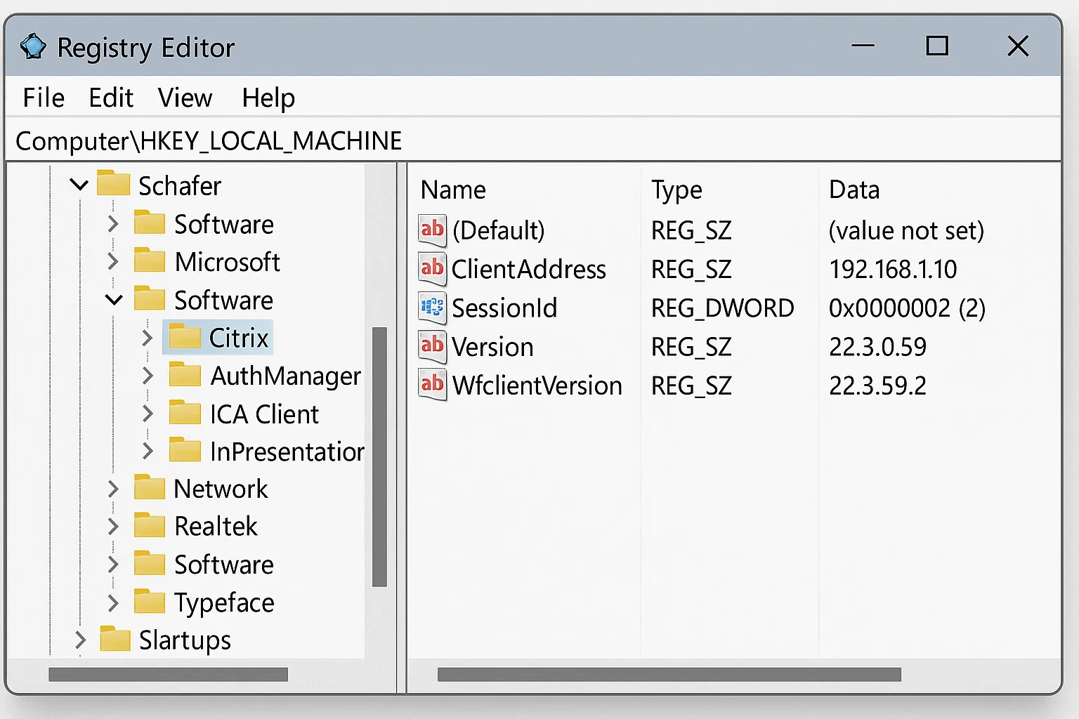 Windows Registry Editor displaying Citrix registry keys under the HKEY_LOCAL_MACHINE Software path, including ClientAddress set to 192.168.1.10, SessionId, Version 22.3.0.59, and WfclientVersion entries.