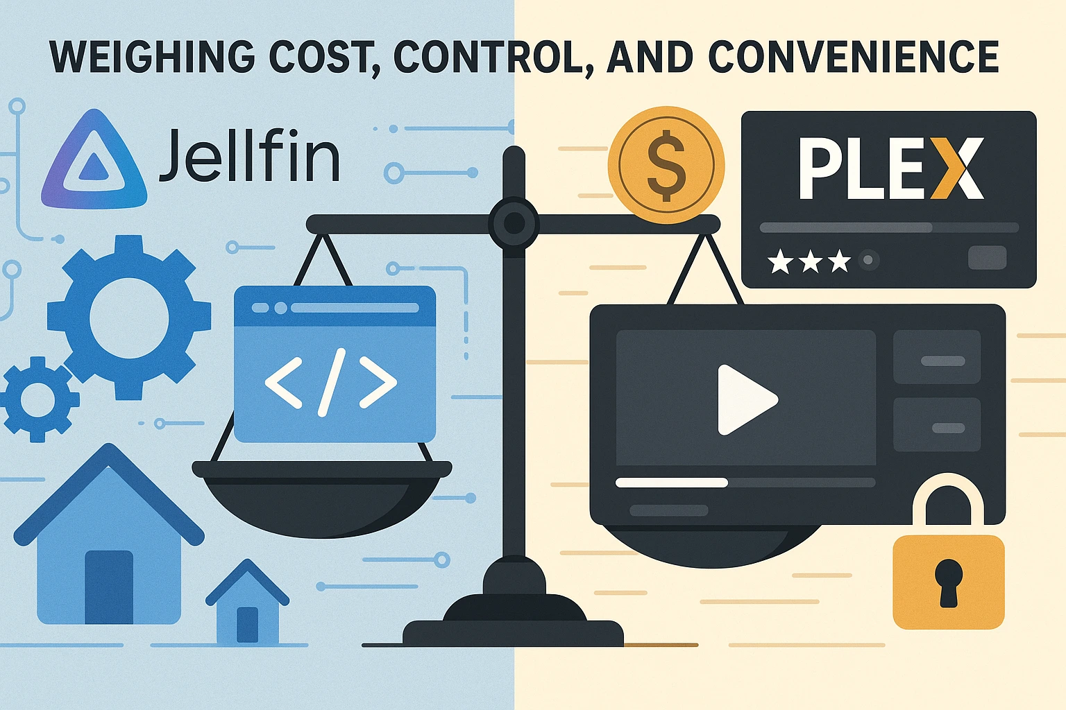 Divided composition comparing Jellyfin on left showing open technical elements and gears, with Plex on right displaying polished premium interface, centered balance scale showing feature trade-offs between both platforms.