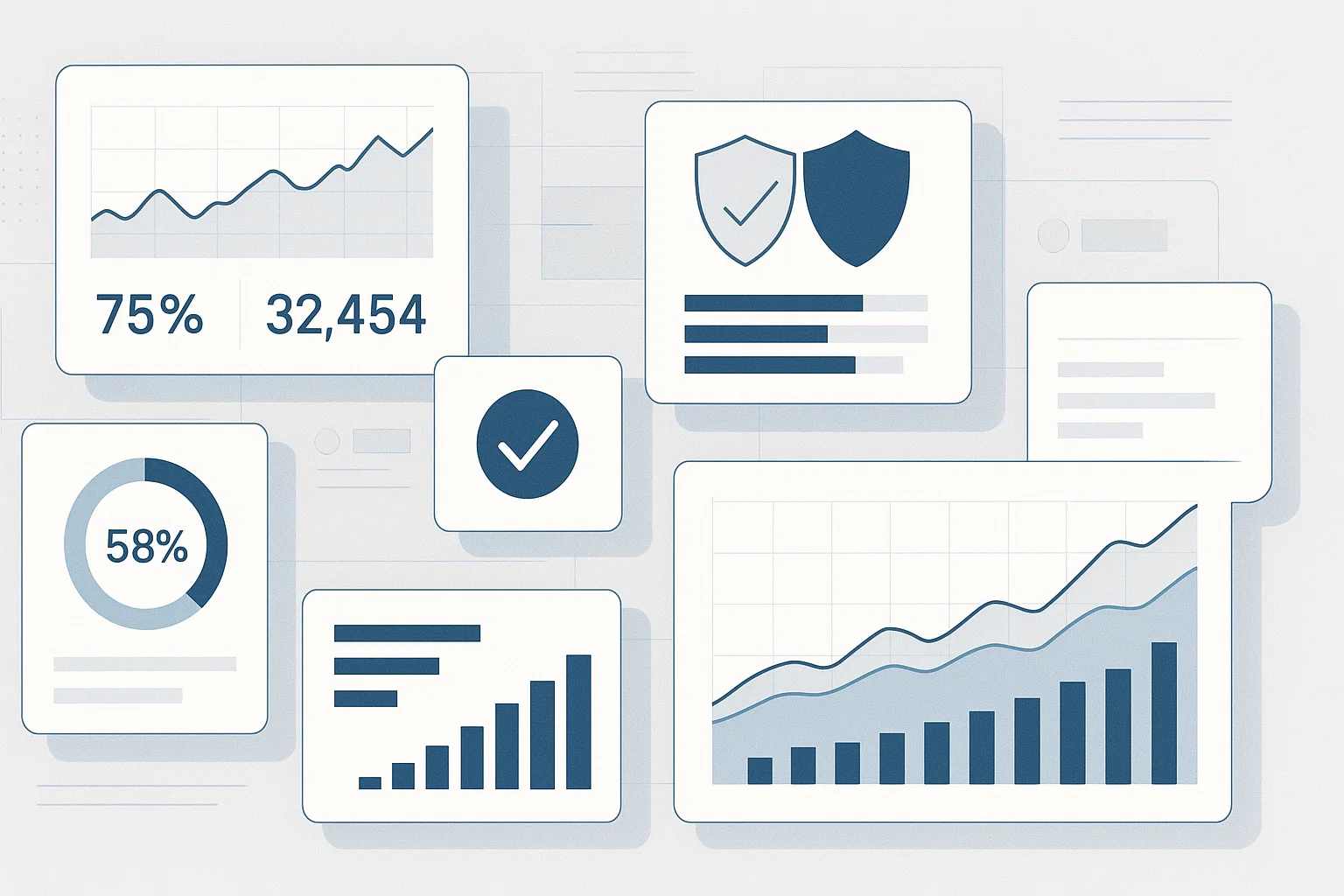 6 2 1 Multiple dashboard cards displaying efficiency percentages, security shields, utilization metrics, growth charts, and positive performance indicators in blue tones.