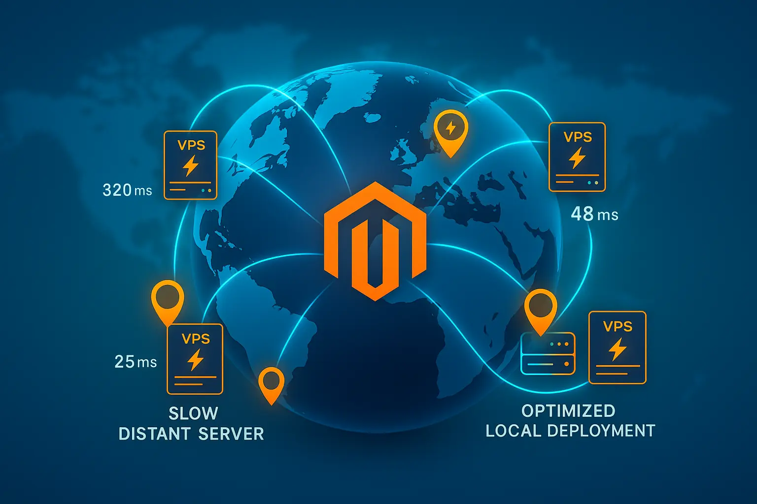 World map with glowing server pins connected by fast cyan lines showing global VPS deployment and low latency