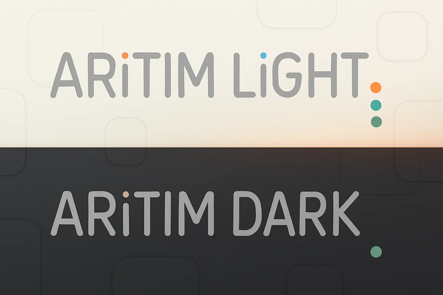 Best KDE Plasma Theme Options in 2025 17 Split view of "ARITIM LIGHT" in gray text on a light background with orange, blue, and green dots, above "ARITIM DARK" on a dark background with a single green dot, both overlaid on subtle, rounded tile patterns.