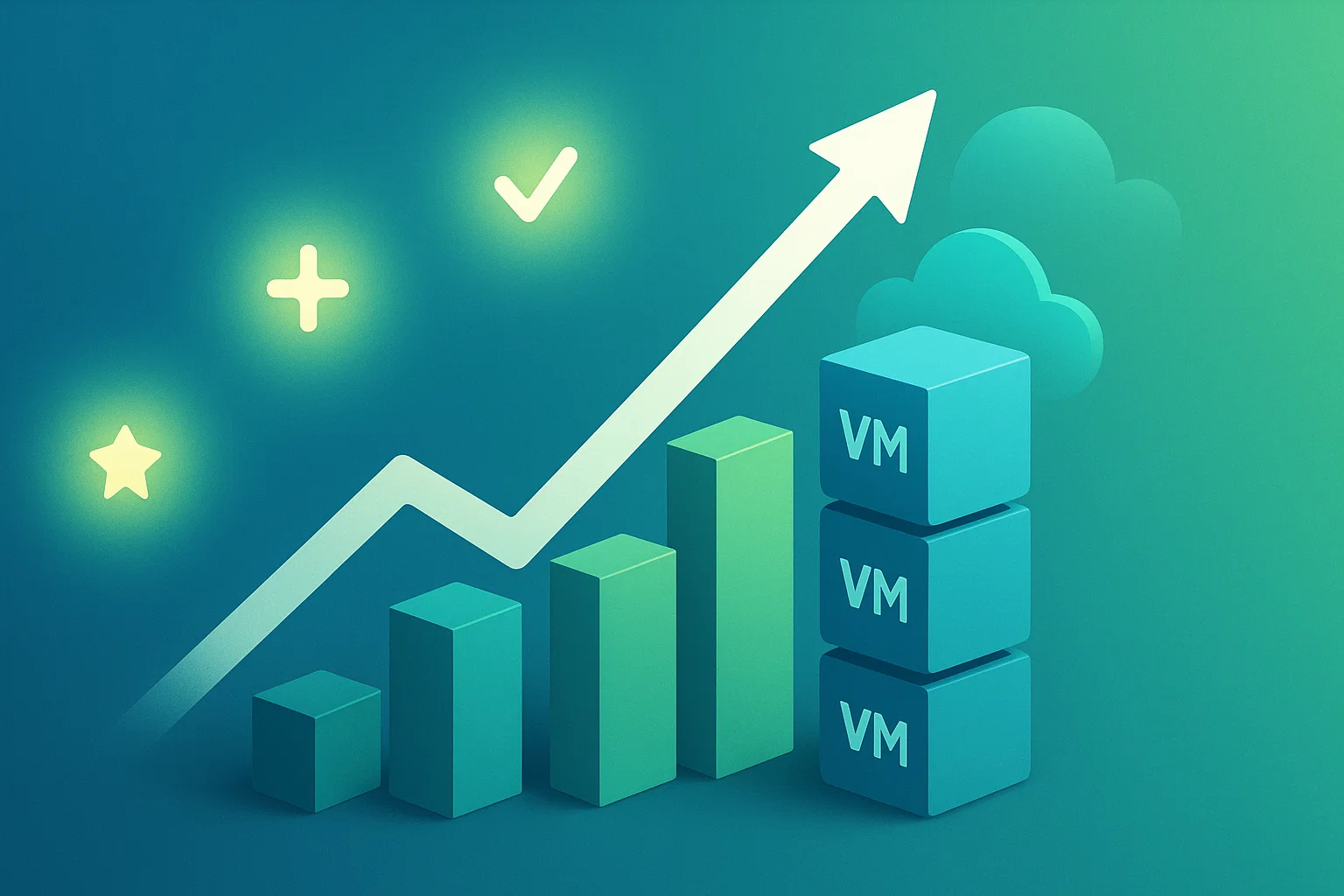 7 2 1 Upward growth arrow with stacked VM cubes, ascending bar charts, and positive symbols on a teal-green gradient showing optimization.