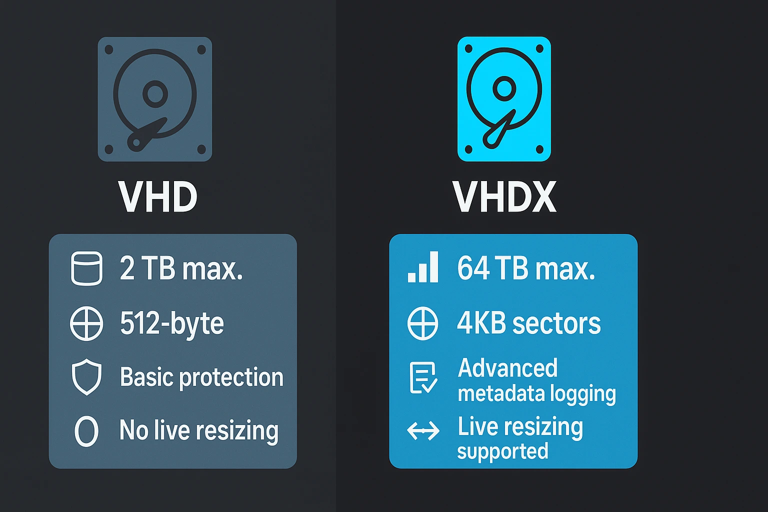 Muted VHD format (2TB) on left versus bright cyan VHDX (64TB) on right, showing capacity, sector size, and feature upgrades