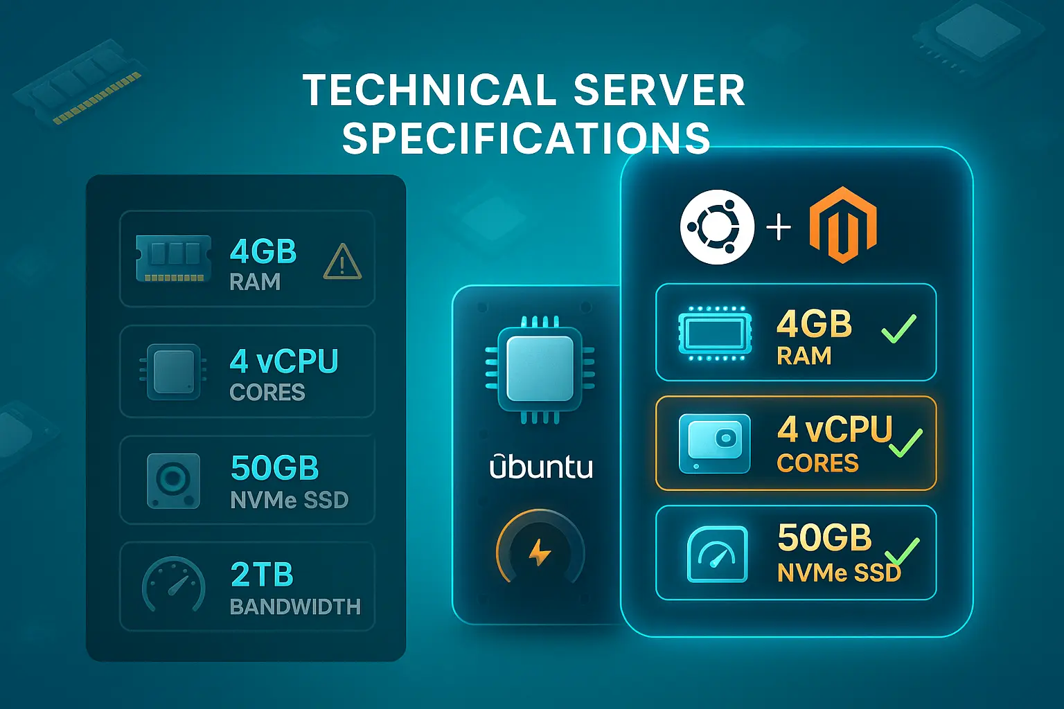 Server specifications breakdown showing 4GB RAM, 4 vCPU cores, NVMe SSD storage, and bandwidth allocation