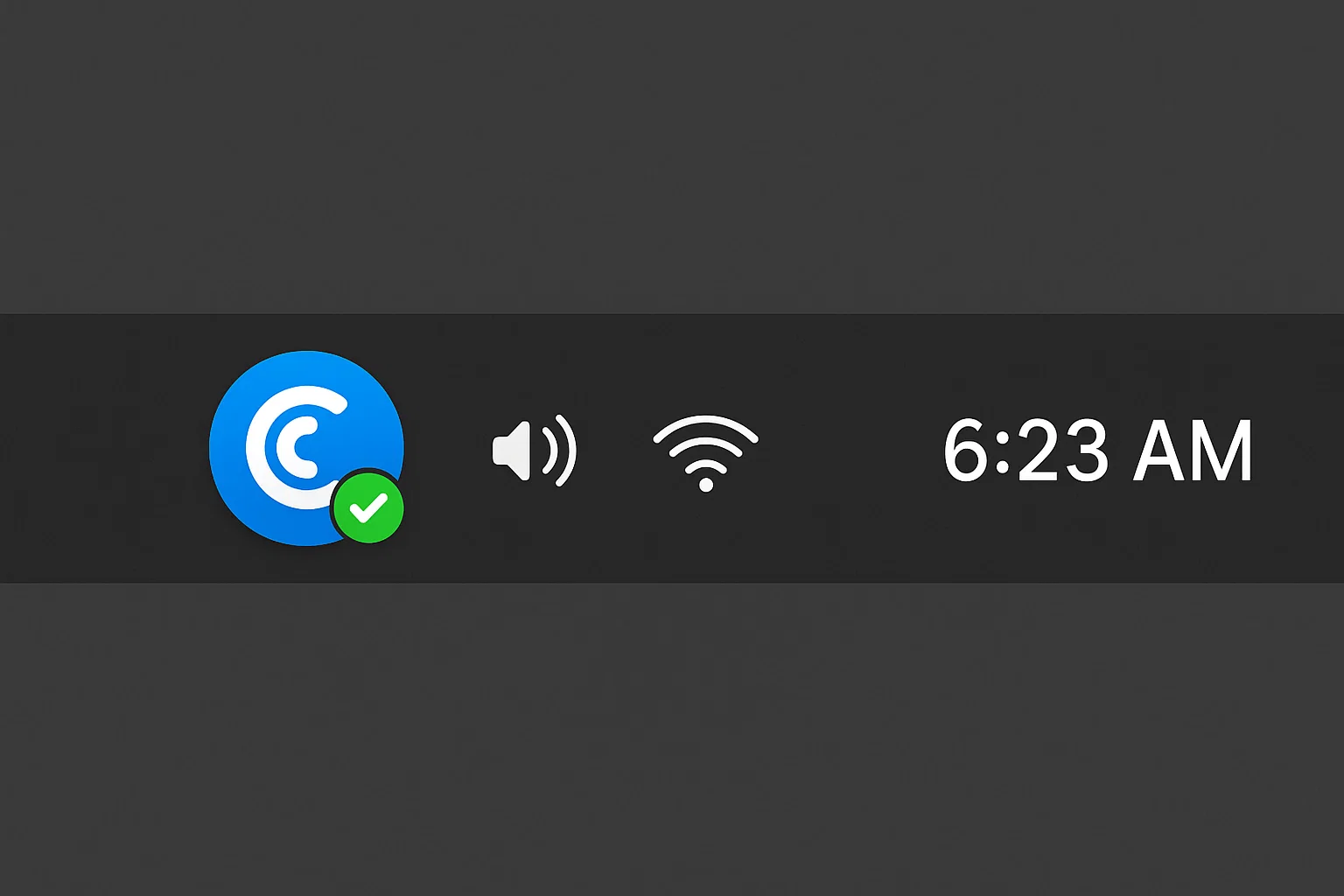 Windows system tray showing active Citrix Workspace app icon with green checkmark indicating successful connection alongside volume control, WiFi signal, and time display showing 6:23 AM.