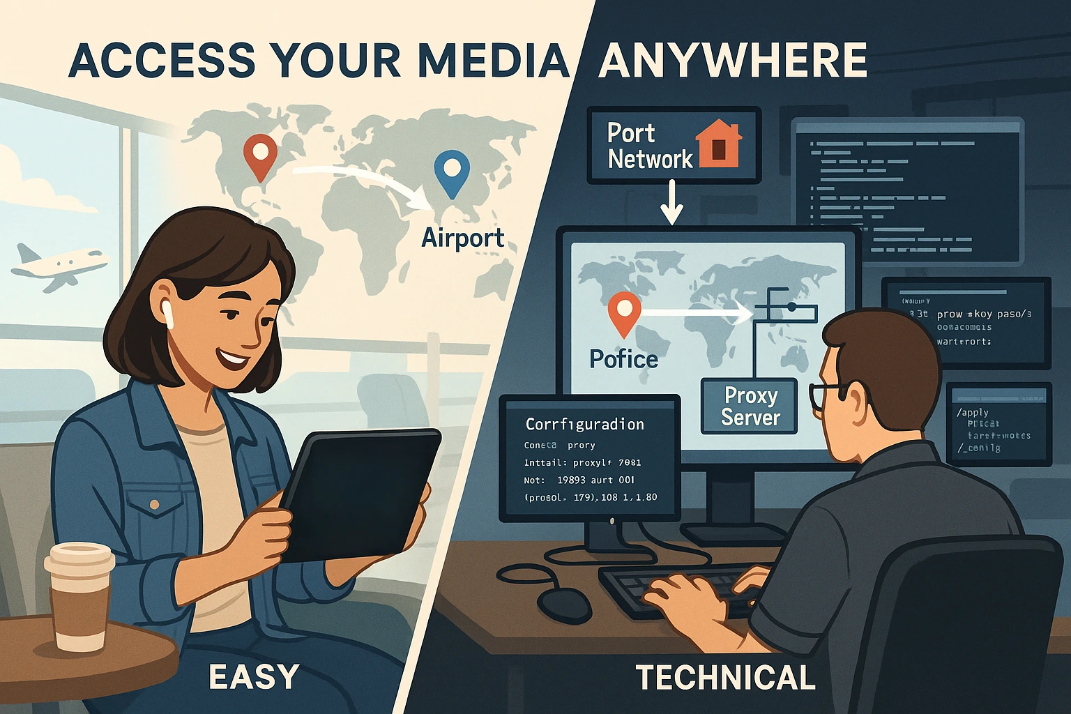 Split-screen contrast showing traveler effortlessly streaming on phone and tablet from coffee shop on left, versus person at desk with terminal windows and network diagrams on right, both successfully accessing content from home.