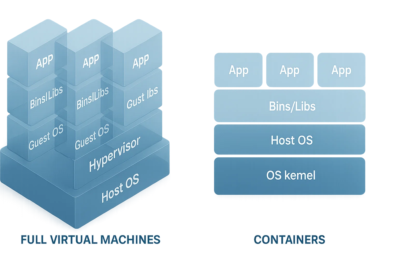 8 1 1 Left shows full VM layers stacked vertically, right shows containers sharing kernel horizontally, illustrating a fundamental architectural difference clearly.