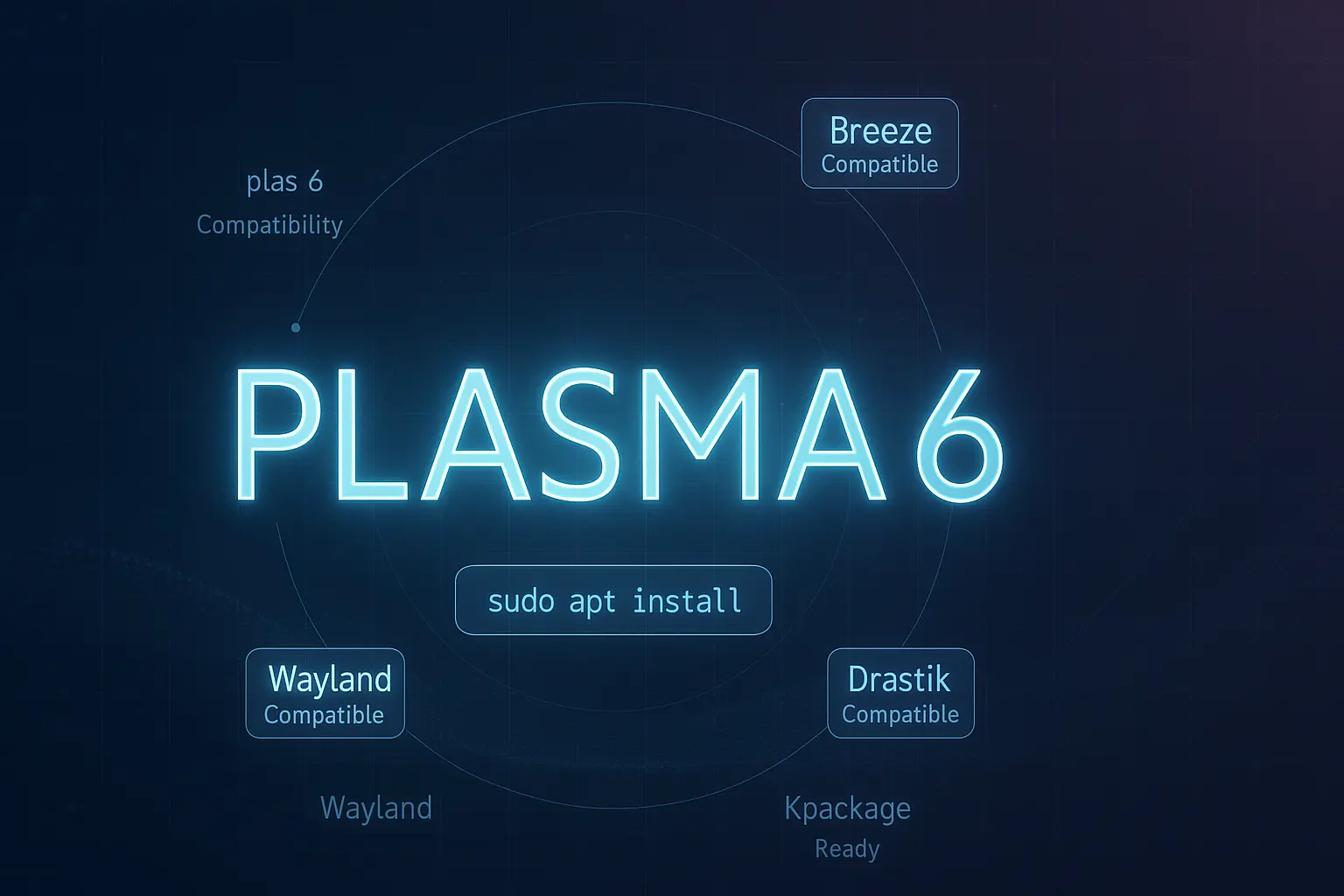 Best KDE Plasma Theme Options in 2025 18 Neon glowing "PLASMA 6" text on dark background, surrounded by compatibility labels for Breeze, Wayland, Drastik, Kpackage, and a "sudo apt install" command.