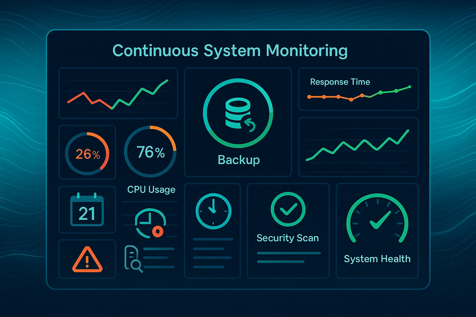 Real-time system monitoring dashboard showing performance graphs, backup status, update timelines, and health metrics