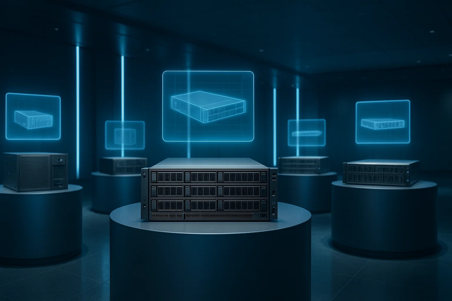 9 Server hardware on pedestals with holographic virtual component blueprints floating above, connected by glowing blue beams showing an abstraction layer.