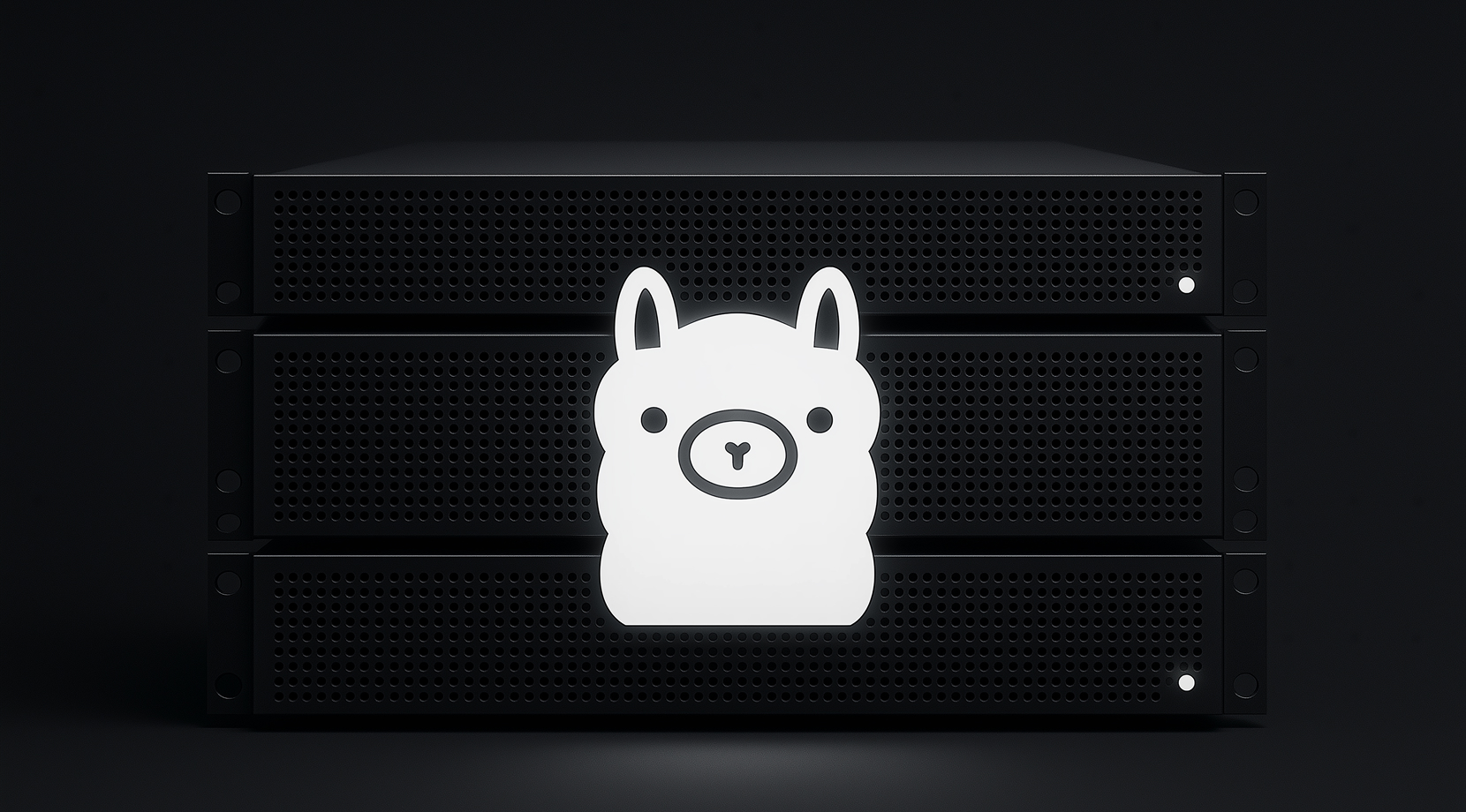Front view of a black 3U server stack in a dark studio, glowing slightly, with the white Ollama logo applied to the middle bay.
