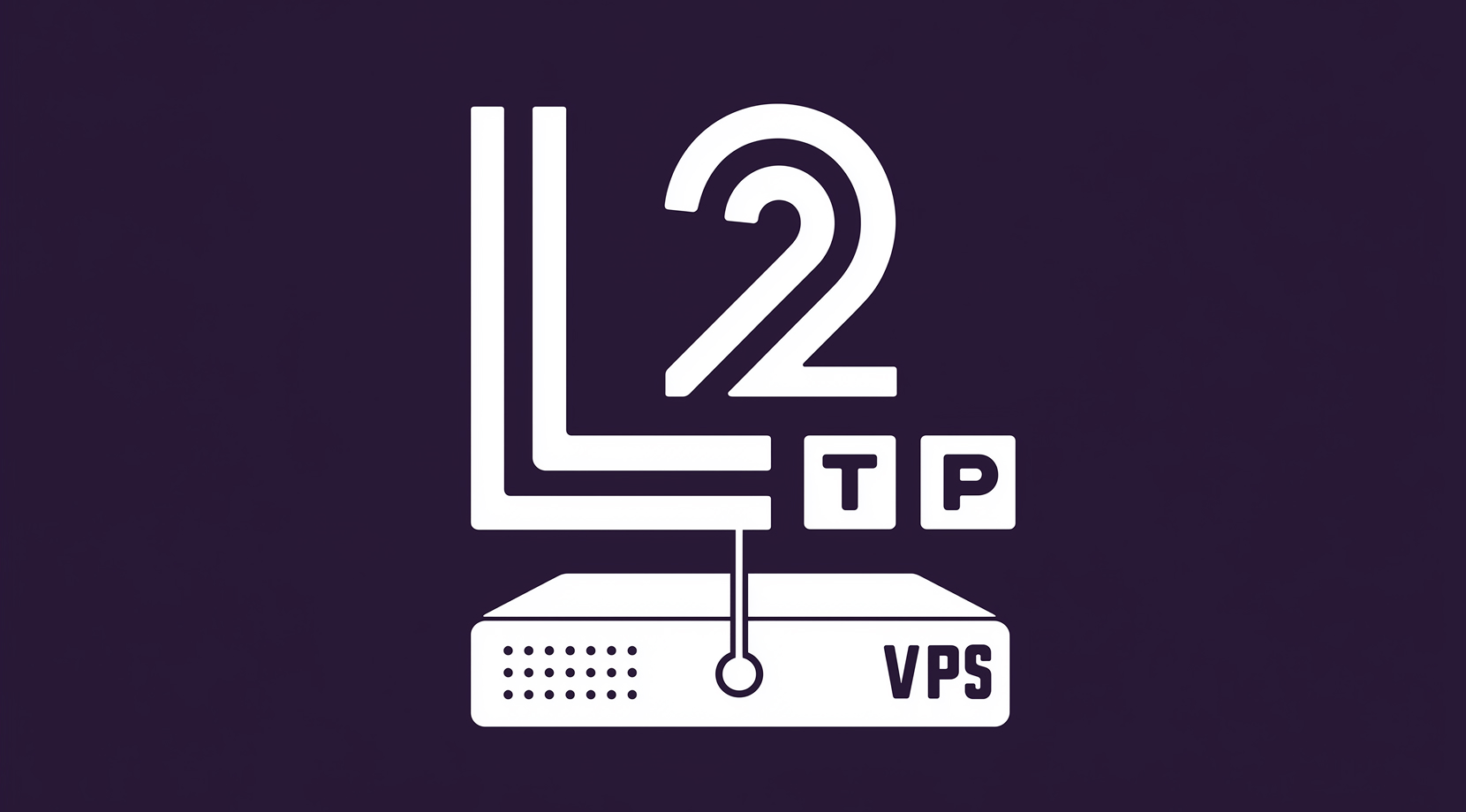 Minimal L2TP VPS logo in white, stylized L-L-2 linked to “T P” tiles, dropping into a rackmount server on a deep purple background.