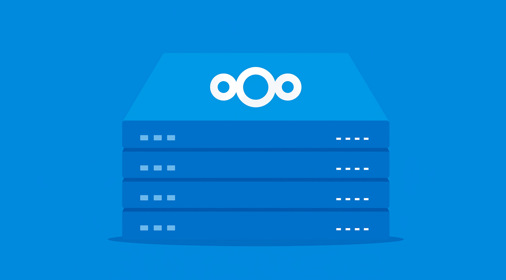Flat blue server stack with the Nextcloud VPS mark on the top unit, small status lights on each tray.