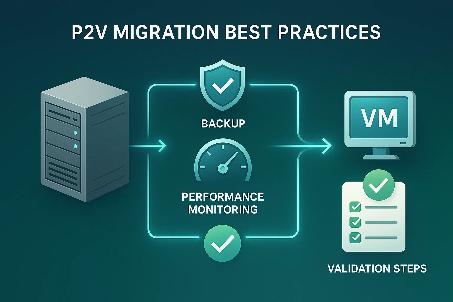 P2V Migration workflow diagram showing physical server on left flowing through backup, performance monitoring, and validation steps to VM and validation checklist on right, all on teal background with glowing arrows
